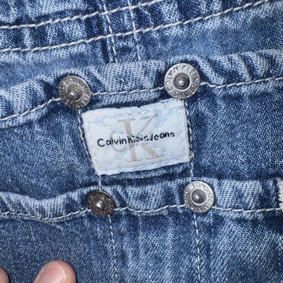 Vintage Calvin Klein Bib Overalls Shorts Jeans Denim Womens L Double Stone Wash - Picture 5 of 16
